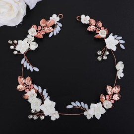 Teyglen Bride Wedding Crystal Hair Vine Gold Silver Flower Leaf Headband Bridal White Flower Hair Vine Wedding Headpiece Hair Accessories for Women Bride Girl (Rose gold)