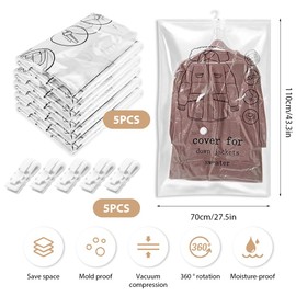 Hanging Vacuum Bags Clothes, Pack of 5 Vacuum Clothes Bags with Coat Hooks, 110 x 70 cm, Transparent Vacuum Bags for Clothing, Vacuum Bags for Clothing, for Suits, Coats, Jackets, Dresses and Talare