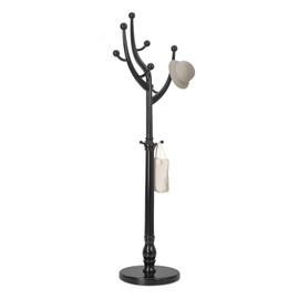 RêveLife Wood Coat Rack Coat Tree Freestanding with Hooks, Heavy Duty Standing Coat Rack with Solid Round Base, 74” Tree Shaped Coat Hanger Stand for Clothes, Hat, Jacket, Entryway Bedroom, Balck