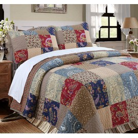 Cozy Line Home Fashions 100% Cotton Hand Piecing Real Patchwork Brown Floral Reversible Quilt Bedding Set Coverlet Bedspread for All Seasons (Red Navy, Queen - 3 Piece)
