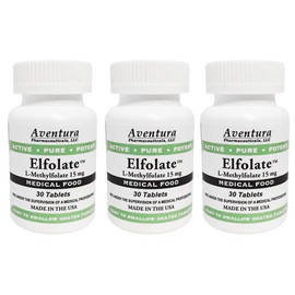ELFOLATE® 15mg 3 Pack L-Methylfolate Methyl Folate Methylfolate Medical Food Supplement Professional Strength Active Pure Potent 30 Tablets
