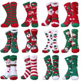Haysandy 12 Pair Christmas Socks Fuzzy Funny Winter Warm Stretchy Novelty Colorful Holiday Crew Socks Bulk for Women Men(Classic)