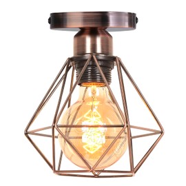 TOKIUS Ceiling Light 16 cm Vintage Ceiling Light in Industrial Design Retro E27 Lamp Made of Iron Geometric Cage Pendant Light, Copper Rust (Pack of 1)