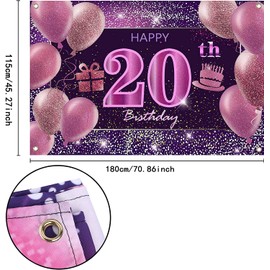 20th Birthday Decorations for Girls Happy Birthday Banner Pink Decorations for A Party Birthday Backdrop for Women