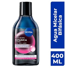 NIVEA Agua Micelar Desmaquillante Bifásica Expert (400 ml) - Fórmula Vegana con Complejo Aminoácido, Remueve Maquillaje a Prueba de Agua, Limpia y Ref