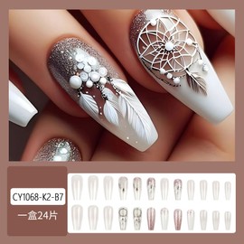 24Pcs Medium Coffin Fake Nails White Mandala Feathers French Tip Medium Press On Nails Coffin with Designs Full Cover Glossy False Nails,Acrylic Thick Glue on Nails, Stick on Nails For Women Daily Events CY1068-K2-B7