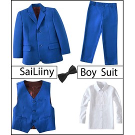 Traje de 5 piezas para niños, ajuste delgado, color negro, azul, traje para boda, Azul Real, 3
