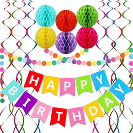 Pancarta de Feliz Cumpleaños, Pancarta de Cumpleaños Arcoíris, 6 Bolas de Panal, 8 Espirales Metálicos Colgantes y Guirnalda de Círculos de Papel, Decoraciones de Feliz Cumpleaños