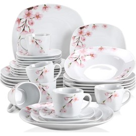 VEWEET Series Annie, Porcelain Dinnerware Sets for 4/6, White Dish Set with Pink Floral, 18/20/24/30 PCS Dinner Sets Including Dinner Plates, Dessert Plates, Soup Plates Set, Cups & Saucers - Number Of Piece: 30 Piece