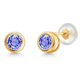 Gem Stone King 14K Yellow Gold Blue Tanzanite Stud Earrings For Women Men (0.60 Cttw, Gemstone Birthstone, Round 4MM)