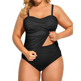 Aqua Eve Women Two Piece Plus Size Tankini Strapless Bathing Suits Bandeau Swimsuits with High Waisted Bottom Black 12W