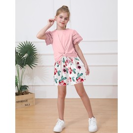 mksodop Girls Clothes 2-Piece Teen Girls clothes Lace Hollow Short-Sleeved Twist T-Shirt And Floral Short Girl Summer Outfits