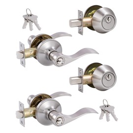 (2 Pack) Keyed Alike Front Door Lever Lockset with Single Cylinder Deadbolt Combination Set， Wave Style Lever, Front Door/Exterior Door Knob with Lock and Deadbolt， Satin Nickel Finished