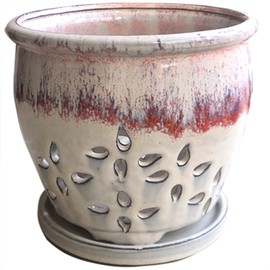 Orchid Pots with Holes Round Ceramic Flower Container Succulent Plant Planter Butterfly Pot Saucer Windowsill Contemporary Home Decoration (Purple Over Cream)