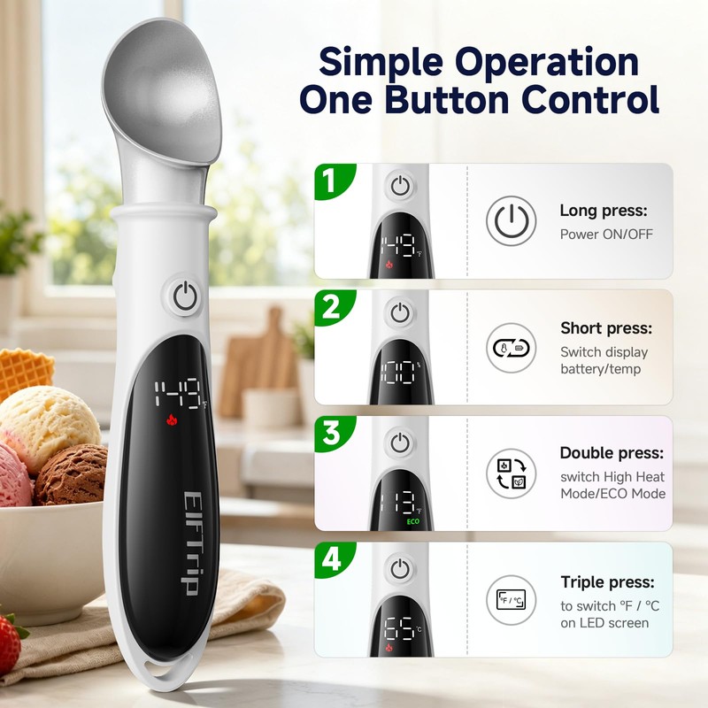 Rechargeable Heated Ice Cream Scoop with LED Display, Safety On/Off