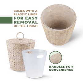 84ECO 3 Gallon White Wicker Trash Can with Lid and Liner - Rattan Trash Can - Wicker Waste Basket for Bathroom, Bedroom, Kitchen, Living Room