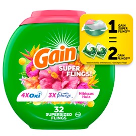 Gain Super Flings Laundry Detergent Pacs, 32 Count, Hibiscus Hula scent, irresistibly clean and fresh washing detergent laundry soap pacs