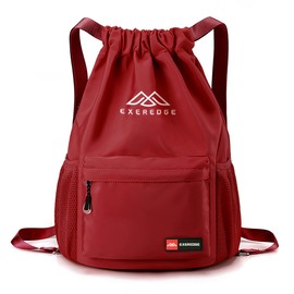 EXEREDGE Drawstring Backpack for Women Men Sport Gym Bag Water Resistant Backpack Sandproof Beach Bag With Mesh Pockets, Red, Normal, Sporty Style