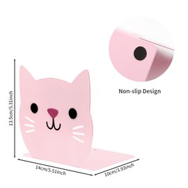 Lovely Pink Cat Kids Bookends Student Book Ends Cartoon Metal Bookends Office Desk School Library Decoration Bookshelf Book Organizer for Christmas Birthday Back to School Gift Gift