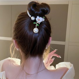 Jumwrit Pearl Rhinestone Ponytail Buckle Hair Clip Flower Branch Leaves Hair Barrette Strong Hold Gold Metal Bun Claw Clip Floral Cuff Hairpin Fashion Hair Styling Accessories for Women Girl(Style 2)