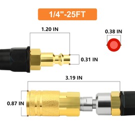 GASHER 1/4" x 25FT Reinforced Polyurethane Recoil Air Hose with Bend Restrictor, Air Hose kit With 360°Swivel Coupler, 1/4" Industrial Quick Coupler and Plug(Red)
