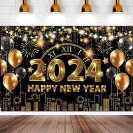 New Years Eve Party Decorations 2024,Extra Large 73x43'' Black Gold Happy New Year 2024 Backdrop for New Year Photo Booth Props Photo Background, New Years Eve Party Supplies 2024 Happy New Year Party
