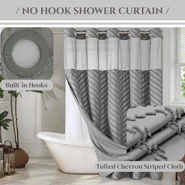 CAPQL No Hook Shower Curtain with Snap in Liner, Grey Tufted Chevron Striped Boho Fabric Shower Curtains with See Through Top Window for Bathroom, Water Repellent Washable Shower Curtain Set, 71"X74"