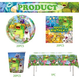 61PCS Monster Birthday Pa-ty Theme Decoration,My Singing Par-ty Tableware Set, Monster Party Tableware Children's Birthday Monster Party Set - 20 Guests