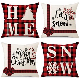 Sungeek Set of 4 Christmas Cushion Covers, Linen Decorative Cushion Covers, Santa Claus Cushion Cover, Decorative Cushion Cover for Sofa, Couch, Bedroom, Living Room (50 x 50 cm, Red Plaid)