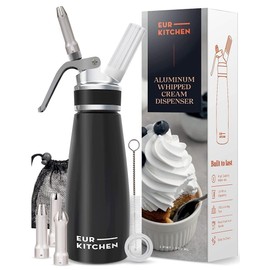 EurKitchen Professional Whipped Cream Dispenser w/Leak-Free Reinforced Aluminum Threads for Max Durability and Safety - 1-Pint Cream Whipper Matte Black, Brushed Aluminum (Packaging may vary)