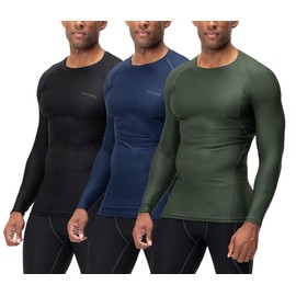 DEVOPS 3 Pack Men's UPF 50+ Long Sleeve Compression Shirts Quick Dry, Cool Gear for Garage Garden Gym Yard and Workouts (2X-Large, Black/Navy/Olive)