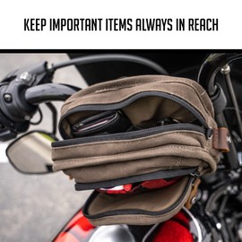 BURLY Brand Voyager Handlebar Bag - Dark Oak, Universal Fit Accessory Luggage Pack, Extra Storage, For Harley Davidson and Most Motorcycle Handlebars (B15-1012D)