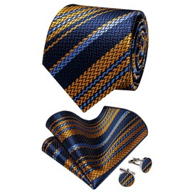 YourTies Striped Tie for Men Gold and Blue Silk Ties and Pocket Square Set Formal Business Necktie Prom Party