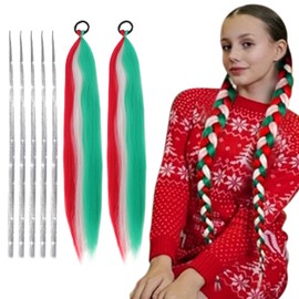 Christmas Pre Stretched Braiding Hair Silver Hair Tinsel Set - 26 Inch 2 Packs Gradient Braiding Hair Ponytail Extensions Synthetic, 24Inch 5Pcs Glitter Stands Sparkle Fairy Hair (Red Green White)