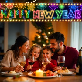 New Year Party Decorations 2025 Neon Happy New Year Banner Large Fabric Colorful Fireworks New Year Yard Banner with LED Light (Battery Not Included) for 2025 New Years Eve Party Supplies