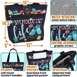 84hoods Large Waterproof Tote Bag with Pockets and Zipper for Travel, Work, Laptop. Gift for Psychologist. Shoulder Bag for Women. Aesthetic Grocery Bag. Psychologist Life.