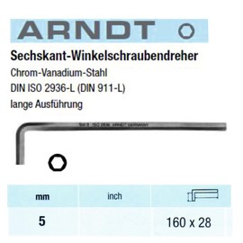 ARNDT Germany 5 mm extra langer Inbusschlüssel, metrischer Sechskantschlüssel, 160 mm Länge