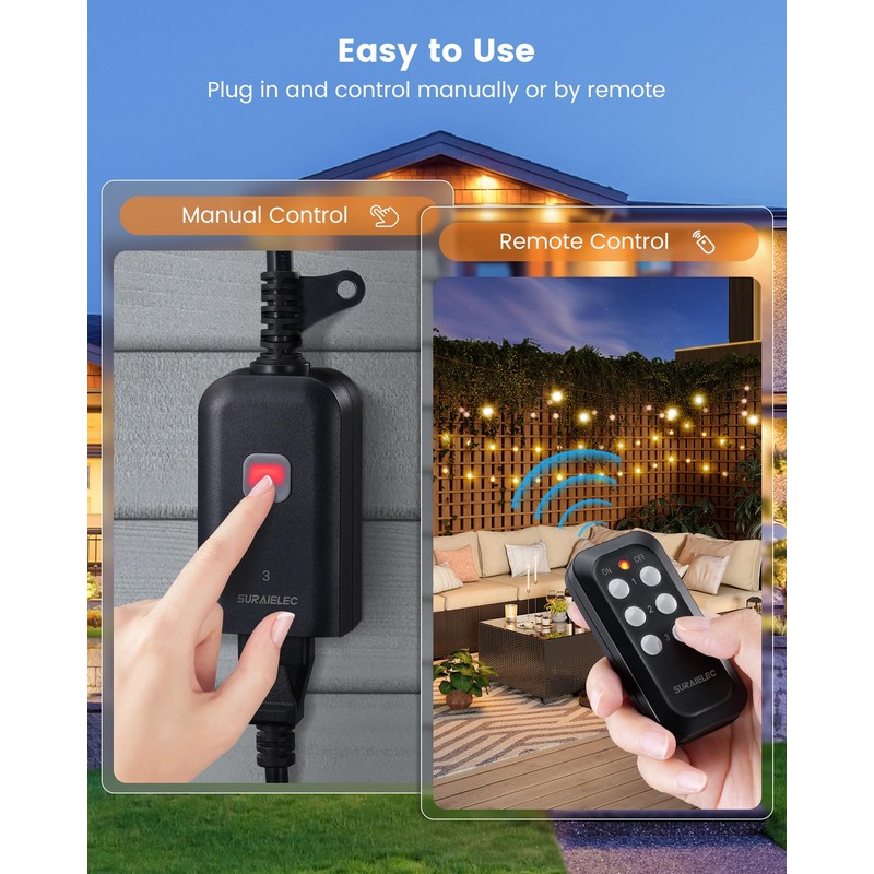 SURAIELEC Outdoor Wireless Remote Control Outlet Kit, Waterproof Remote Power
