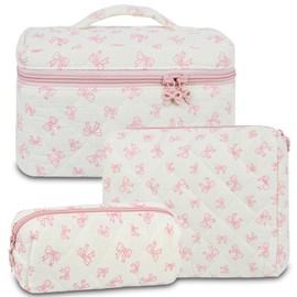 3Pcs Makeup Bag Cotton Quilted Travel Cosmetic Bag Cute Floral Makeup Pouch Large Toiletry Bag for Women Girls, Bow-Pink3, Daily