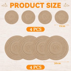 KASURE 8 Pieces Round Placemats Set, 30 cm Placemats(4) and 11 cm Coaster(4), Round Braided Woven Place Mats, Easy Clean Heat Resistant and Non Slip for Kitchen Dining Table Home Restaurant, Khaki