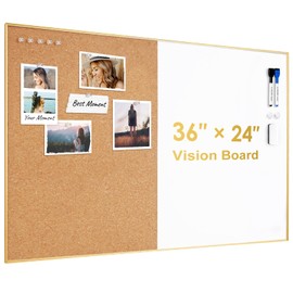 ARCOBIS Cork Board White Board Combo, 36 x 24 Inch Bulletin Board-Gold Frame, Magnetic Dry Erase Board & Corkboard for Wall, Vision Board for Home, Office, School