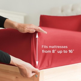 Twin Size Fitted Bed Sheet - Hotel Luxury Single Fitted Sheet Only - Fits Mattress Up to 16 - Extra Soft, Wrinkle Free, Breathable & Cooling Sheet- Bottom Fitted Sheet - Red Single Fitted Sheet Only