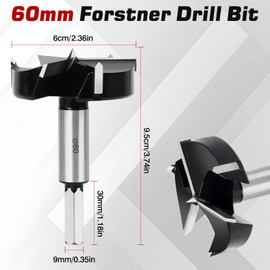 1 PCS 60mm Forstner Drill Bit, Triple-Flute Forstner Wood Drill Bit Carbide Tipped Wood Boring Hole Saw for Hole Drilling Woodworking