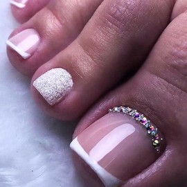 Acrylic Press on Toenails Short Square Fake Toenail Press ons White French Tip Toe Nails Glue on Silver Glitter Pearl Rhinestones Design Toe Nail Stickers Artificial Press on Toe Nails for Women 24Pcs