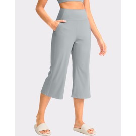 Soothfeel Capri Pants for Women Wide Leg Yoga Pants with Pockets High Waist Casual Dress Crop Pants (Bright Grey, XL)