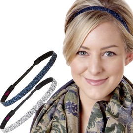 Hipsy 2pk Women's Adjustable NON SLIP Skinny Bling Glitter Headband Silver Duo Pack (Silver & Navy)