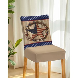 4 Pcs Dining Chair Covers Stretch Spandex Slipcovers Independence Day Vintage Country Star Removable Washable Dining Room Seat Cover Cushion Protector for Home Hotel Decor USA Flag Rustic Wood