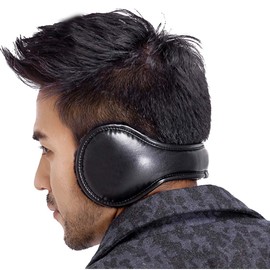 LroHan Men's Foldable Ear Muffs PU Leather Earmuffs Winter Outdoor Warmers, Black, One Size