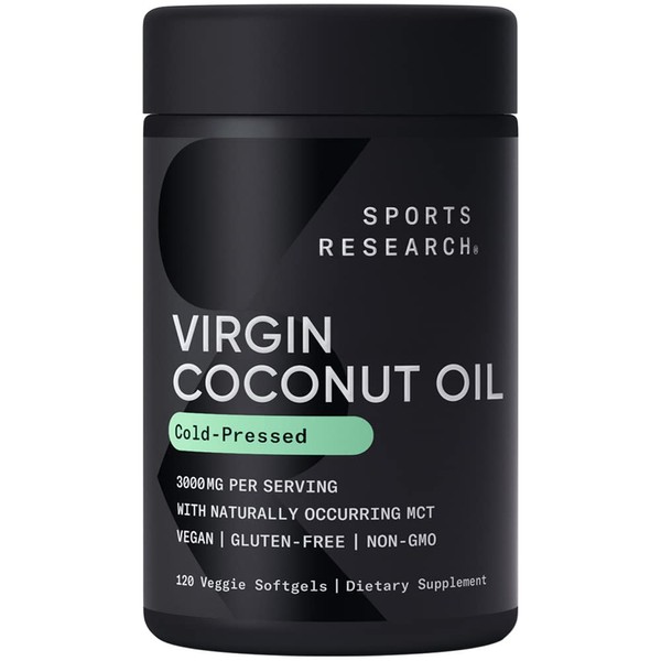 Sports Research Extra Virgin Organic Coconut Oil Capsules | Vegan Certified, Non-GMO Verified Coconut Capsules (120 Plant Gels)