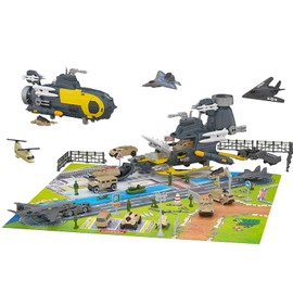 Submarine Toy Naval Ship with Mat Vehicle Tank Helicopter Plane & 10PCS Army Men Toy Soldiers Army Toys Set Transport Airplane Scene Play Mat for Kids Boys Girls